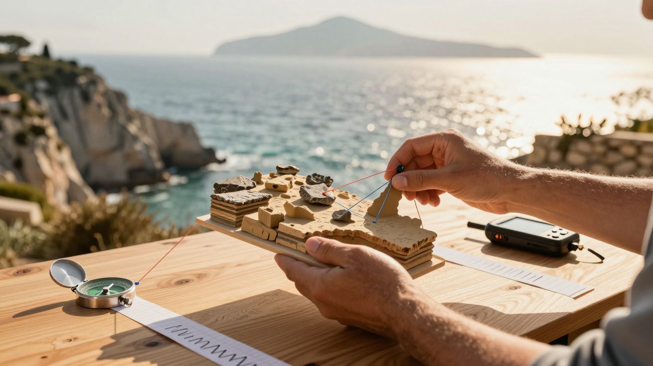 Mãos ajustam um modelo topográfico numa mesa ao ar livre, com o mar e montanhas ao fundo, ao lado de uma bússola.