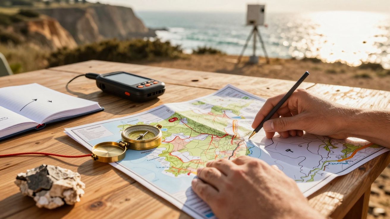 Pessoa consultando mapa com bússola numa mesa de madeira, junto a um penhasco com vista para o mar ao entardecer.