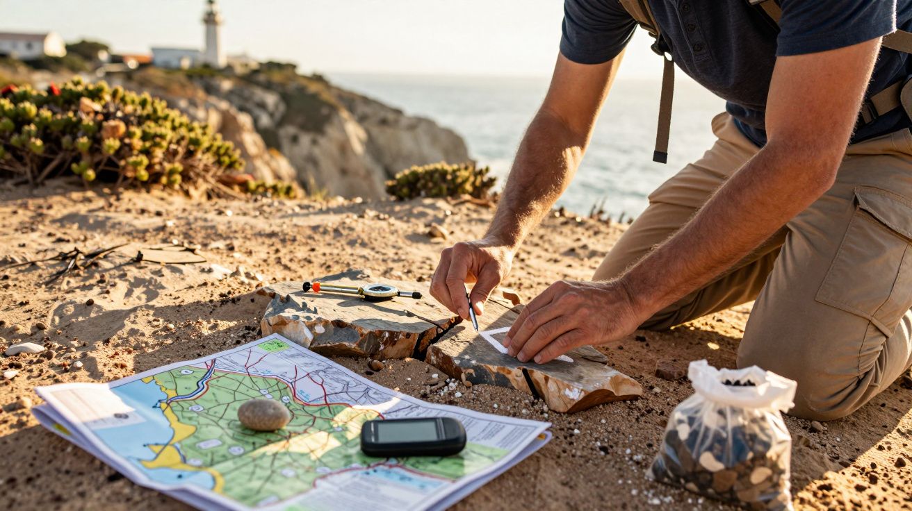 Pessoa analisando mapa e bússola numa falésia com vista para o farol e o mar ao fundo.