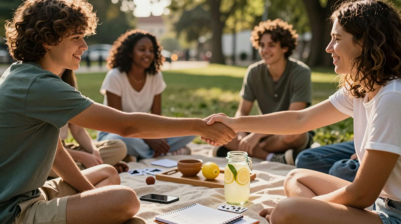 Grupo de jovens num piquenique, sentados na relva, dando um aperto de mão.
