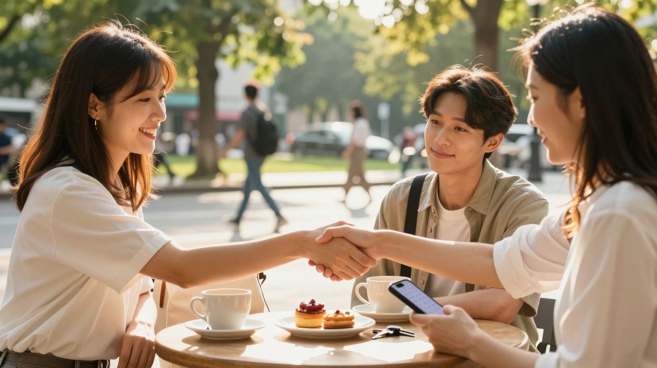 Três pessoas em café ao ar livre, duas a apertar as mãos, enquanto a terceira sorri.