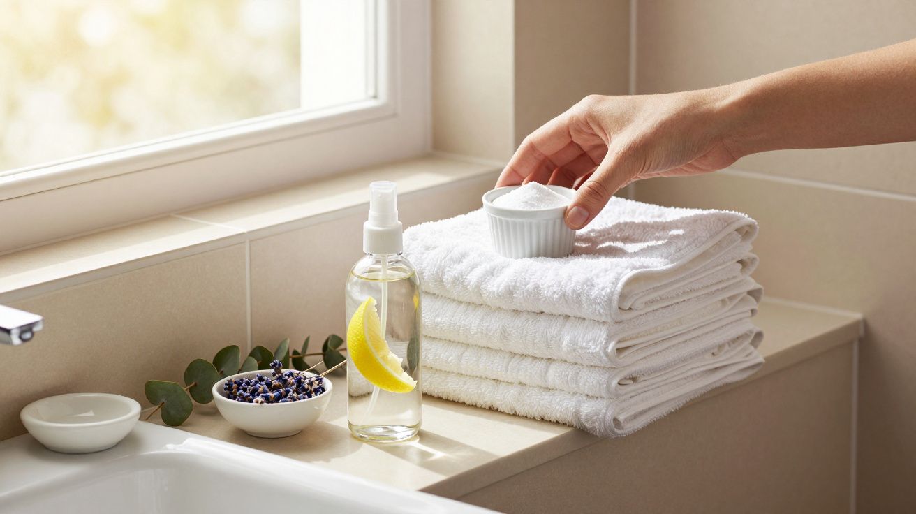 Mão segura tigela sobre toalhas dobradas ao lado de spray, limão e ervas na casa de banho iluminada por janela.