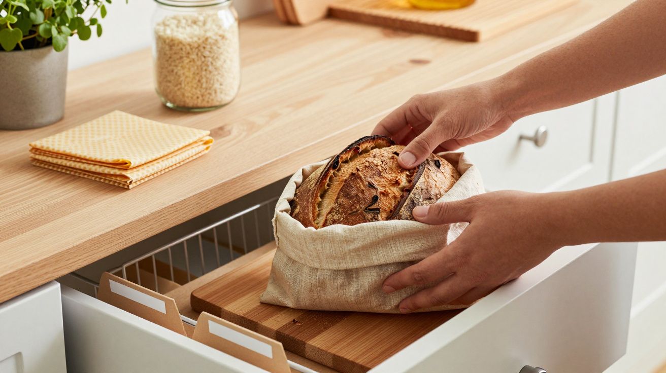 Mãos a guardar pão crocante num saco de tecido, sobre uma bancada de madeira numa cozinha organizada.
