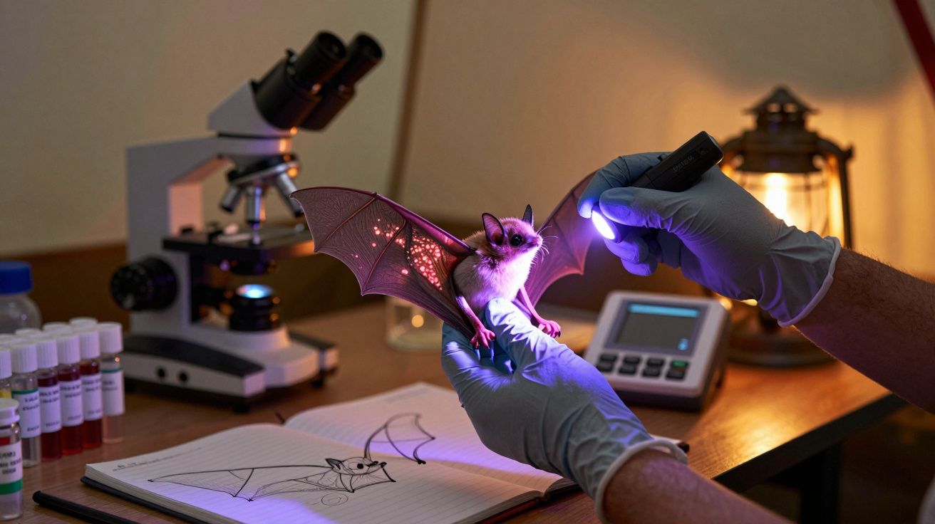 Cientista examina um morcego com luz ultravioleta em laboratório, com microscópio e tubos de ensaio ao fundo.