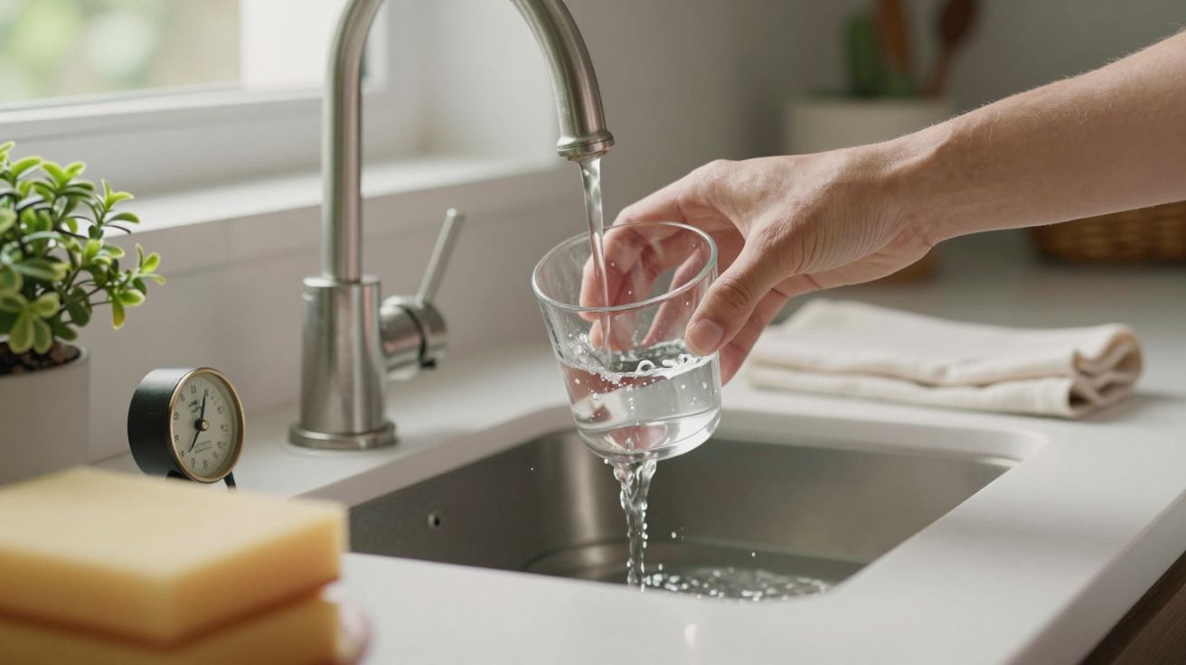 Mão segura um copo ao encher com água da torneira numa cozinha, com plantas e utensílios ao fundo.