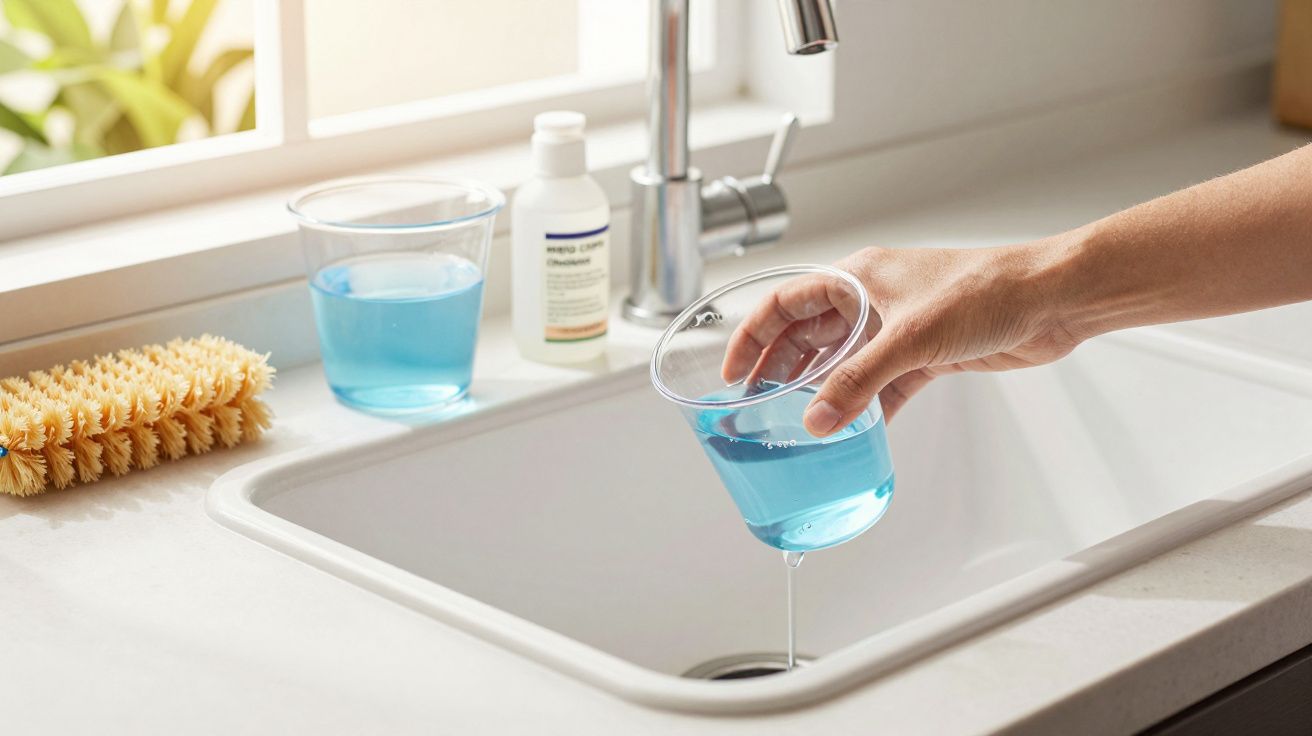 Pessoa a despejar líquido azul num lava-loiça, com escova e frasco ao lado.