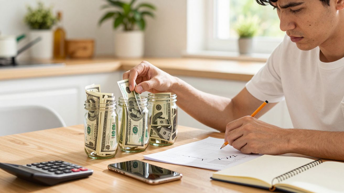 Homem a guardar dólares em frascos na cozinha, enquanto faz contas em papel, com telemóvel e calculadora ao lado.