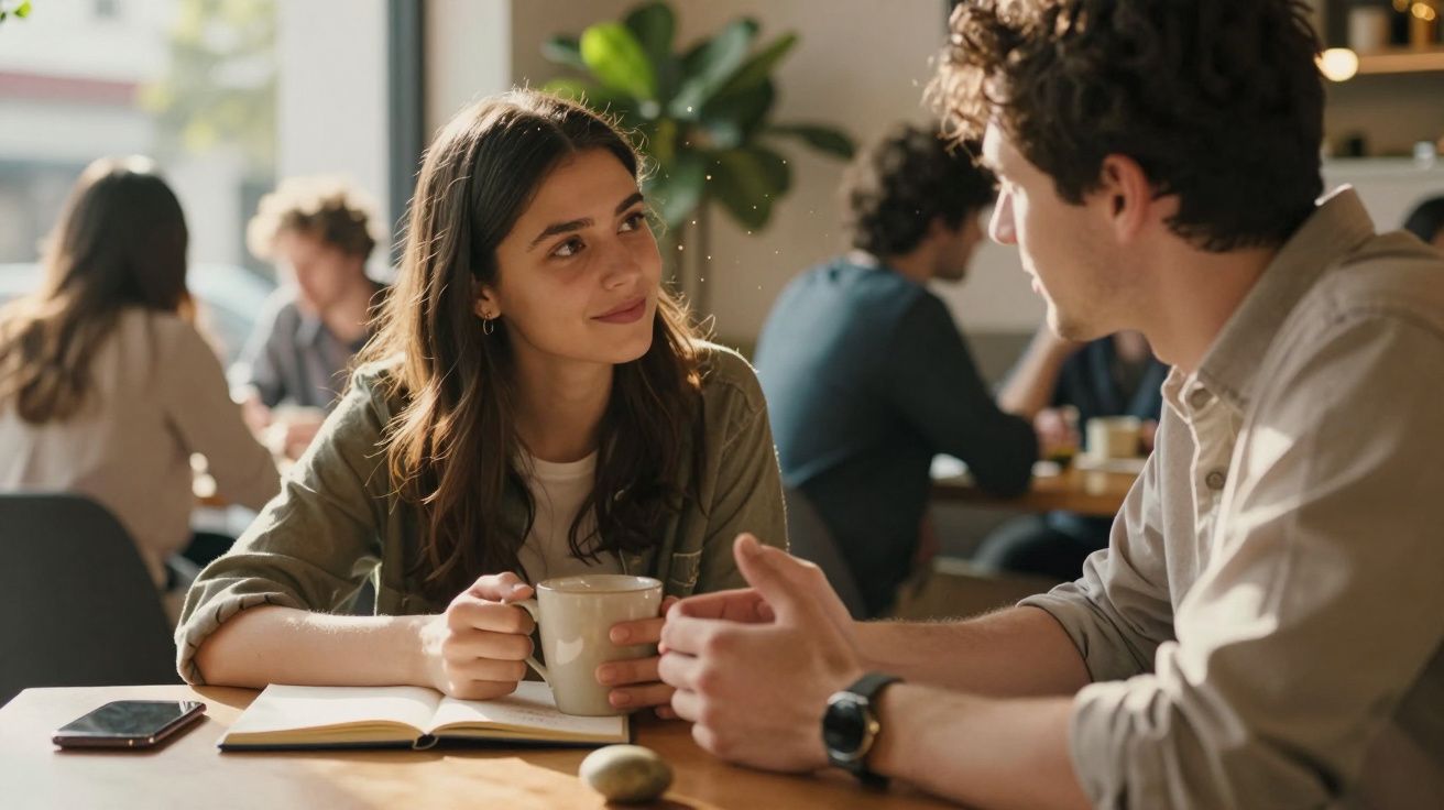 Mulher e homem conversam num café, sorrindo. Ela segura uma chávena e há um caderno na mesa. Ambiente descontraído.