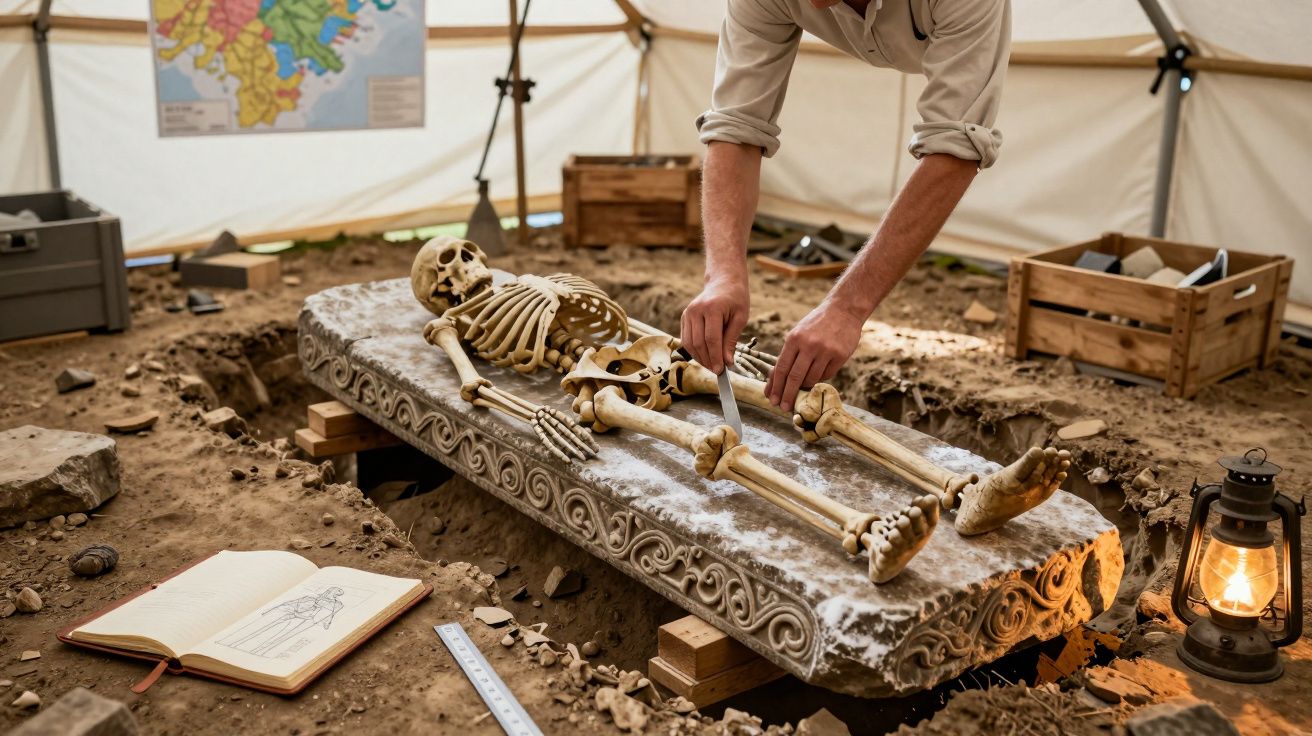 Arqueólogo a examinar esqueleto humano em escavação arqueológica, com lâmpada e livro ao lado.