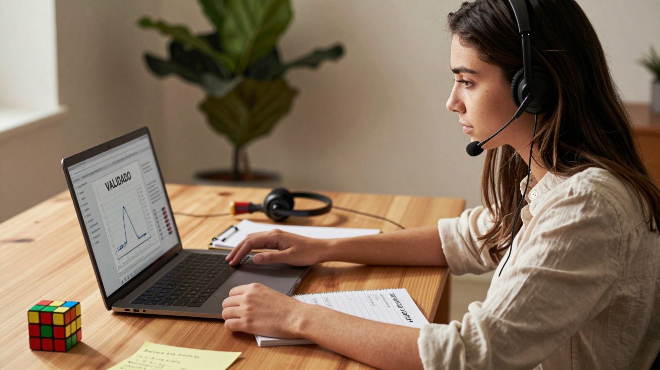 Mulher com auriculares trabalha ao computador, com gráfico no ecrã e cubo de Rubik na mesa.