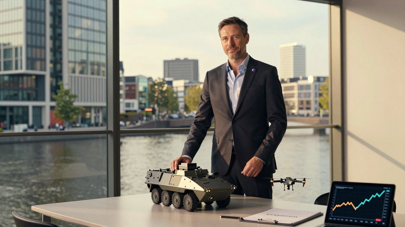 Homem de fato ao lado de um modelo de veículo blindado numa mesa, com janela mostrando edifícios e rio ao fundo.