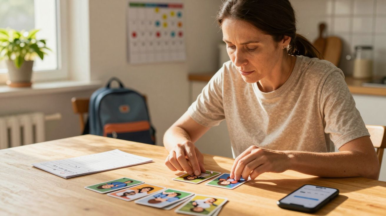 Mulher organiza cartas na mesa, com telefone ao lado e mochila ao fundo.