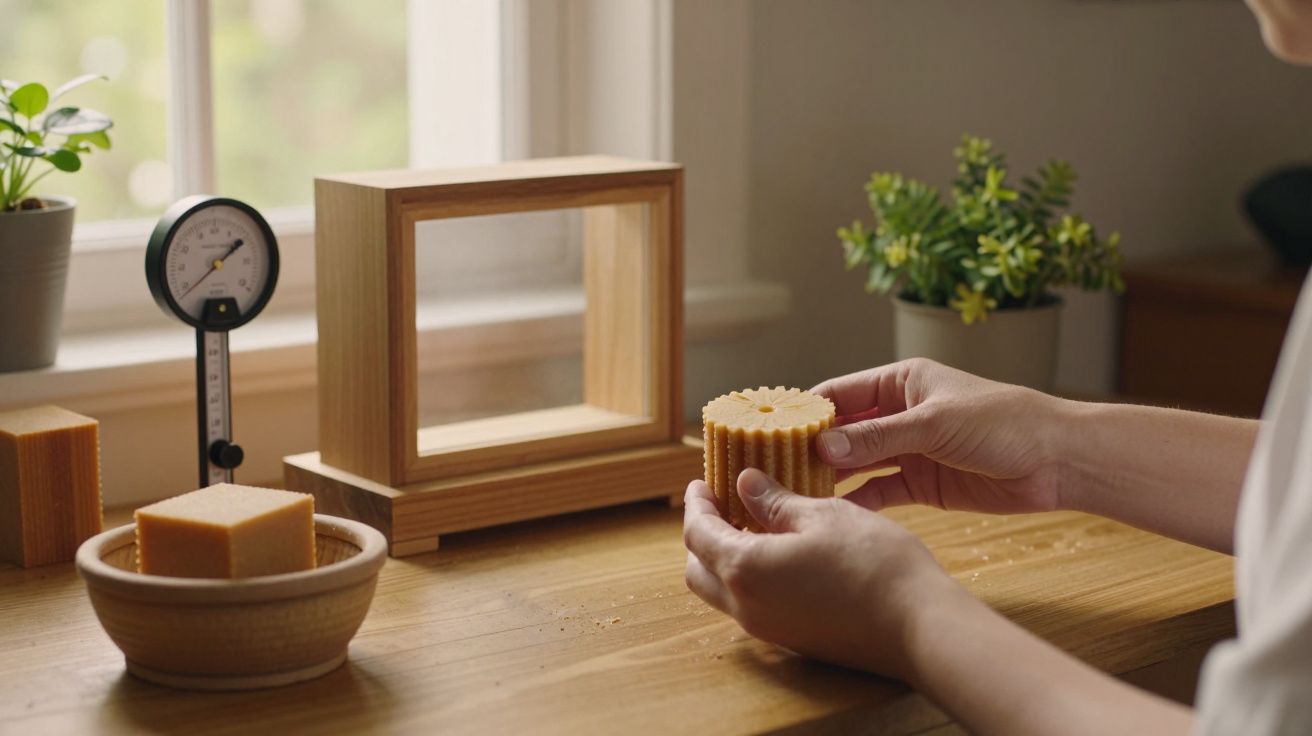 Mãos segurando vela artesanal em mesa de madeira com plantas e instrumentos de medição ao fundo.
