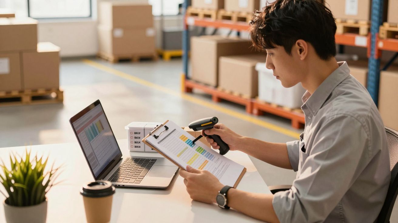 Pessoa a usar um computador portátil e scanner numa armazém, rodeada de caixas e plantas.