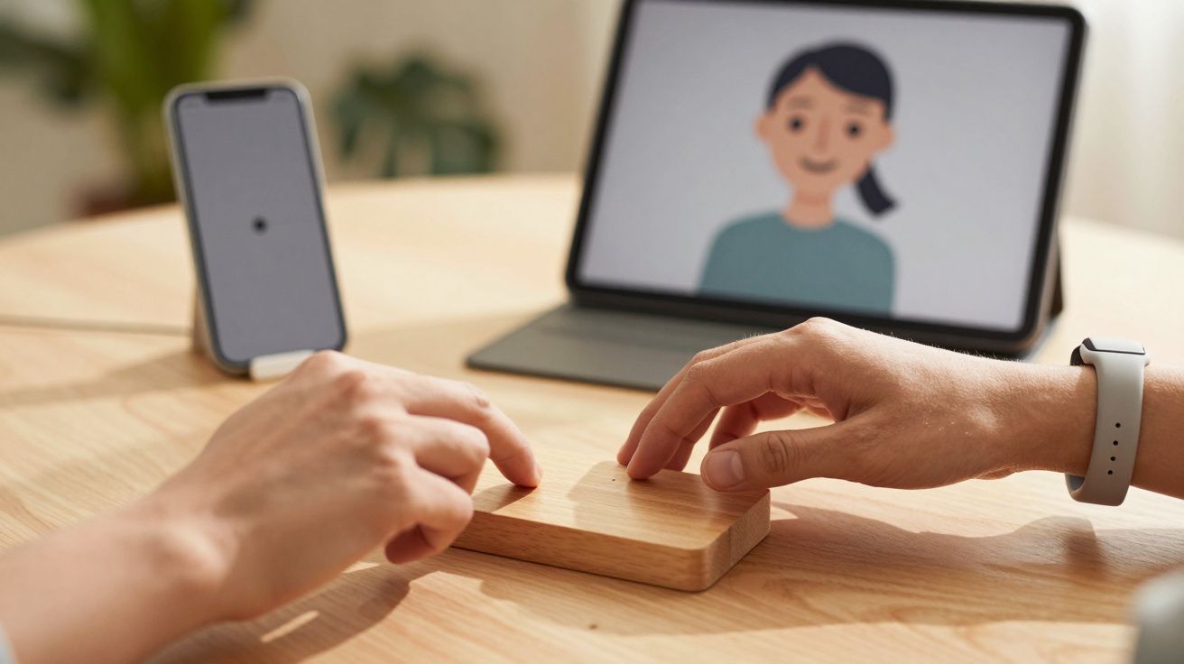 Duas mãos seguram um bloco de madeira sobre uma mesa, com um telemóvel e um tablet em segundo plano.