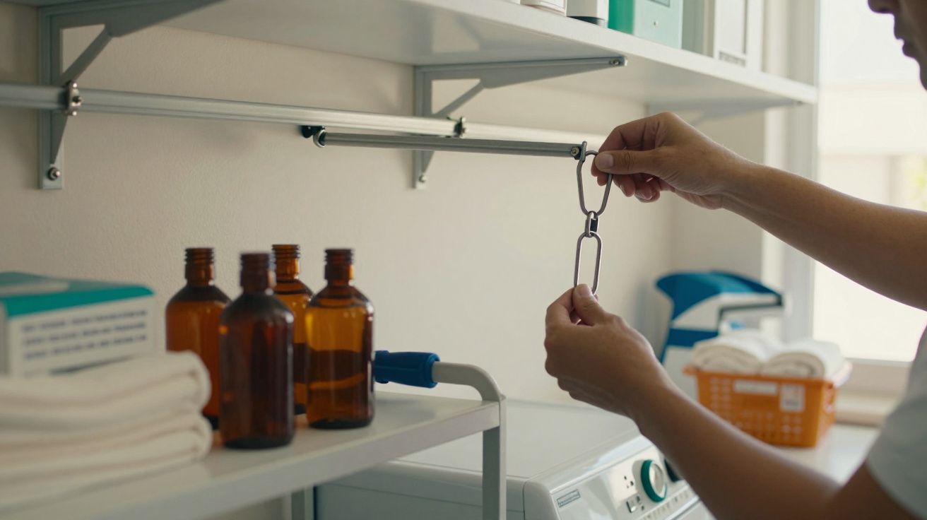 Mãos ajustando cabide em prateleira de metal, com frascos âmbar e toalhas brancas ao redor em um ambiente de clínica.