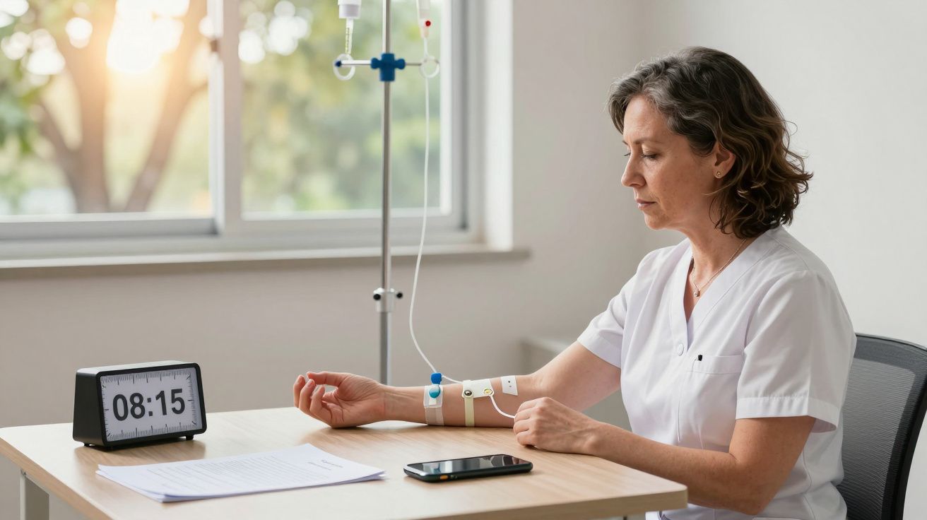 Mulher de uniforme médico a receber soro enquanto olha para um relógio na mesa, em ambiente iluminado pelo sol.