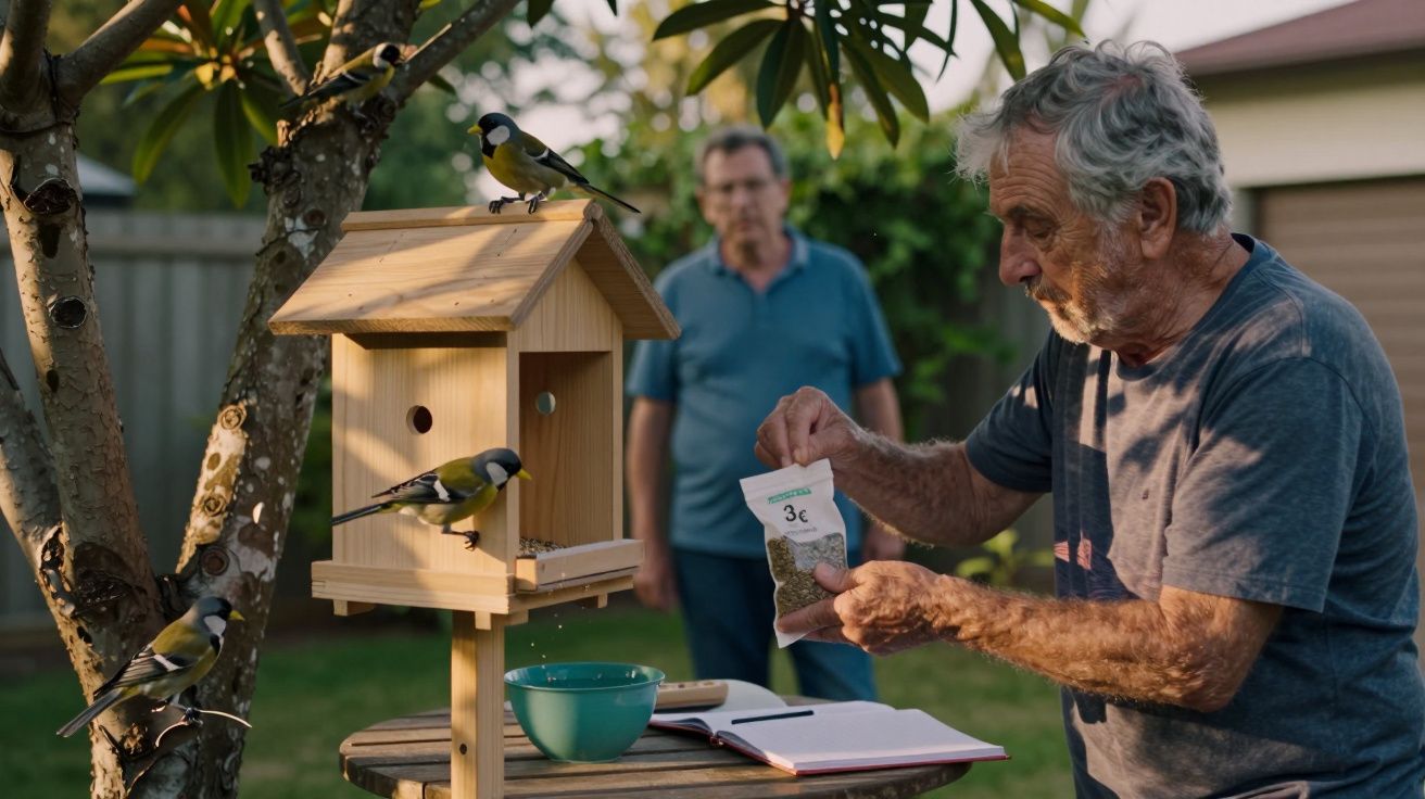 Homem alimenta pássaros num comedouro de madeira no jardim, enquanto outro homem observa ao fundo.