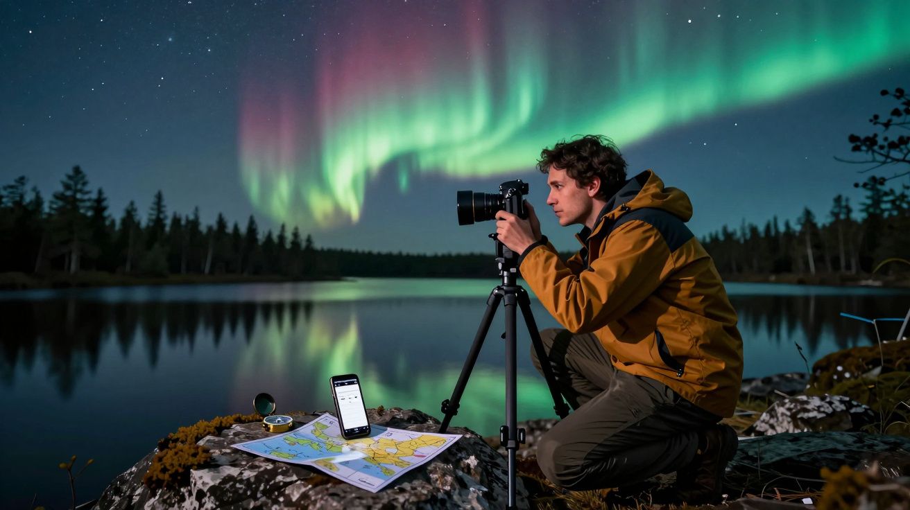 Fotógrafo em cais, capturando aurora boreal sobre lago refletido, mapa e smartphone ao lado, céu estrelado.