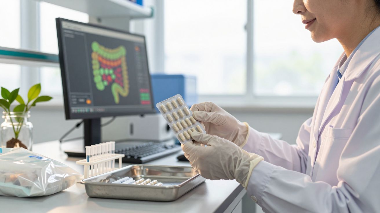 Cientista com luvas examina comprimidos em laboratório enquanto computador exibe imagem do sistema digestivo.