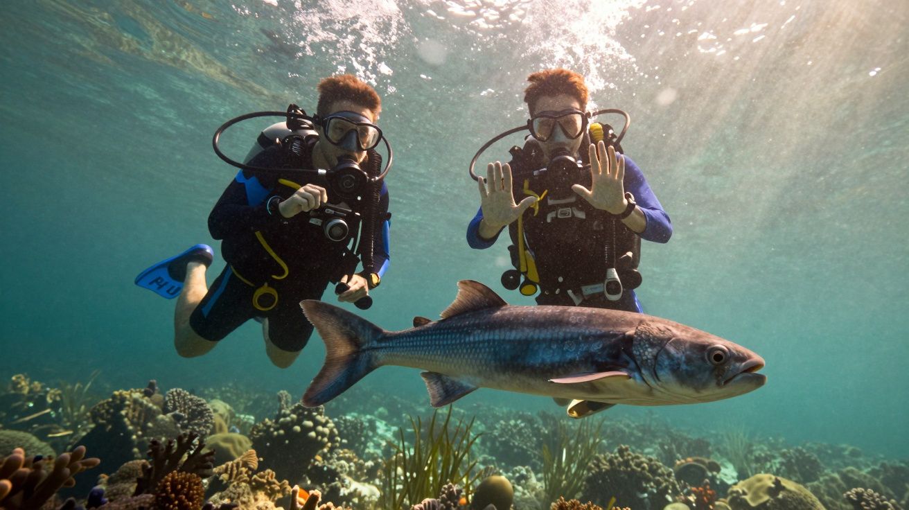 Dois mergulhadores observam um grande peixe nadando sobre um recife de coral iluminado por raios de sol.