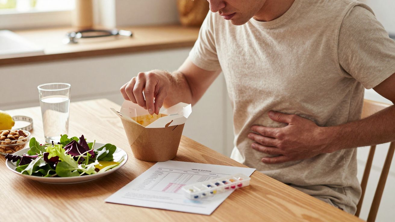 Homem sentado à mesa com comida de take-away, salada, e comprimidos, segurando a barriga com expressão de desconforto.