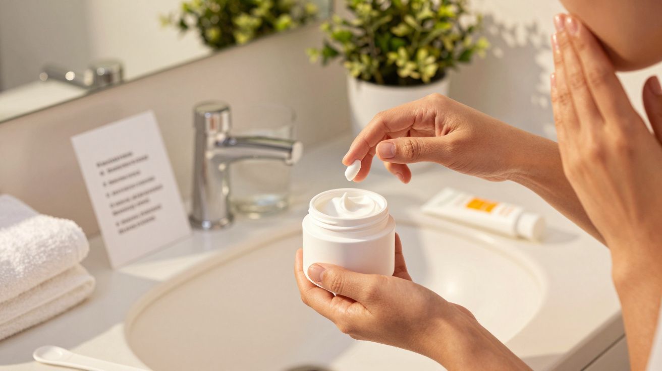 Pessoa aplicando creme facial com planta e toalhas no lavatório.