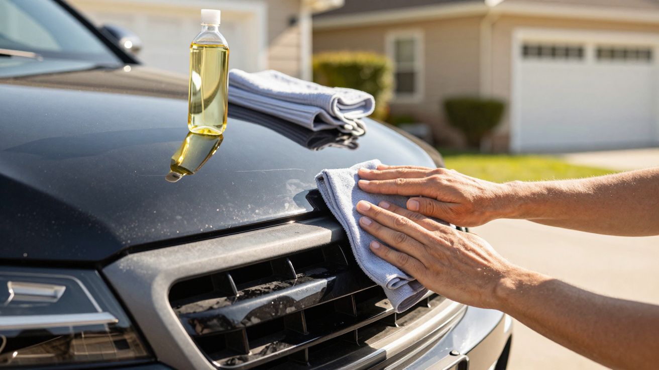 Pessoa a polir capô de carro preto com pano. Garrafa de produto de limpeza e toalhas cinzentas em cima.