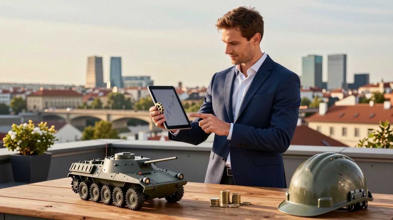 Homem de fato analisa gráfico num tablet ao lado de um modelo de tanque e capacete, em telhado urbano.