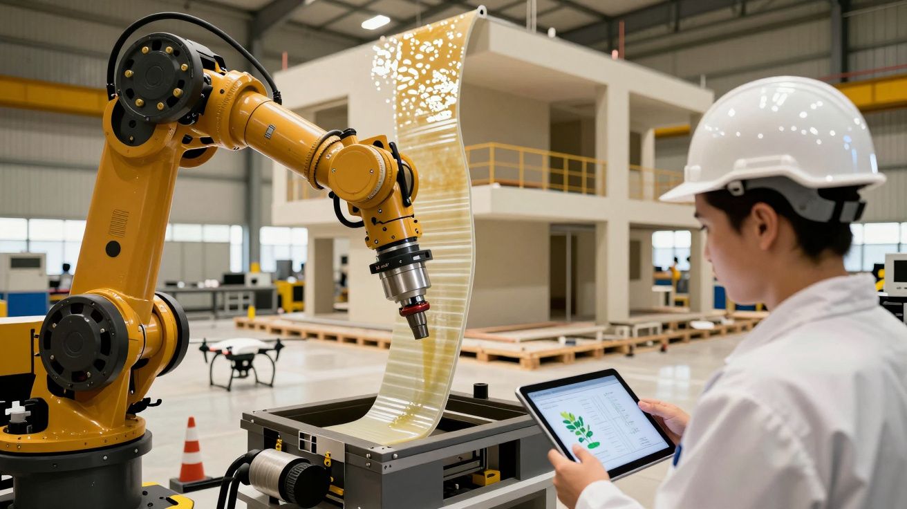 Engenheiro com tablet observa robô industrial a manusear material dentro de uma fábrica moderna.