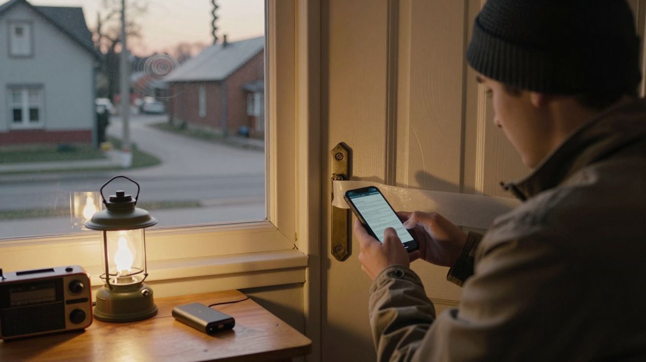 Homem com casaco e gorro usa smartphone junto a porta, com luz de lanterna e rádio na mesa ao entardecer.