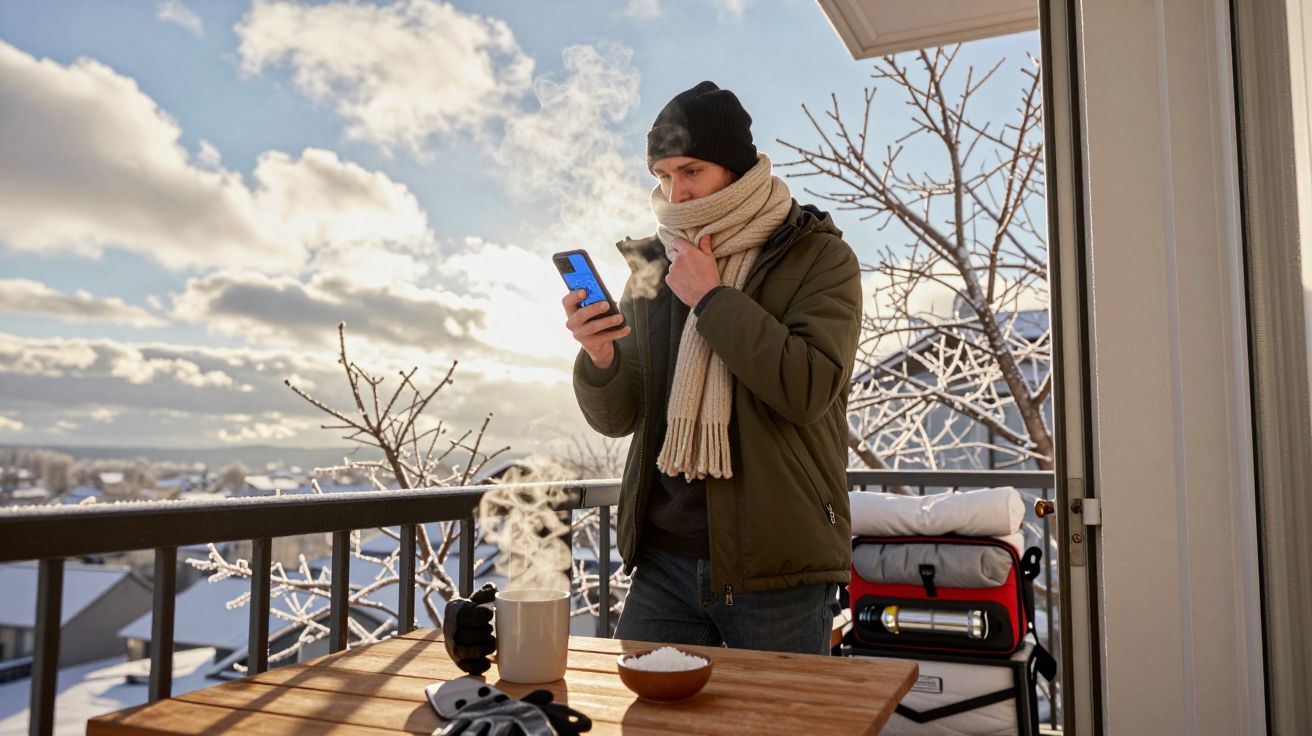 Homem agasalhado na varanda nevada, segurando telemóvel. Mesa com café fumegante e tigela de pipocas.