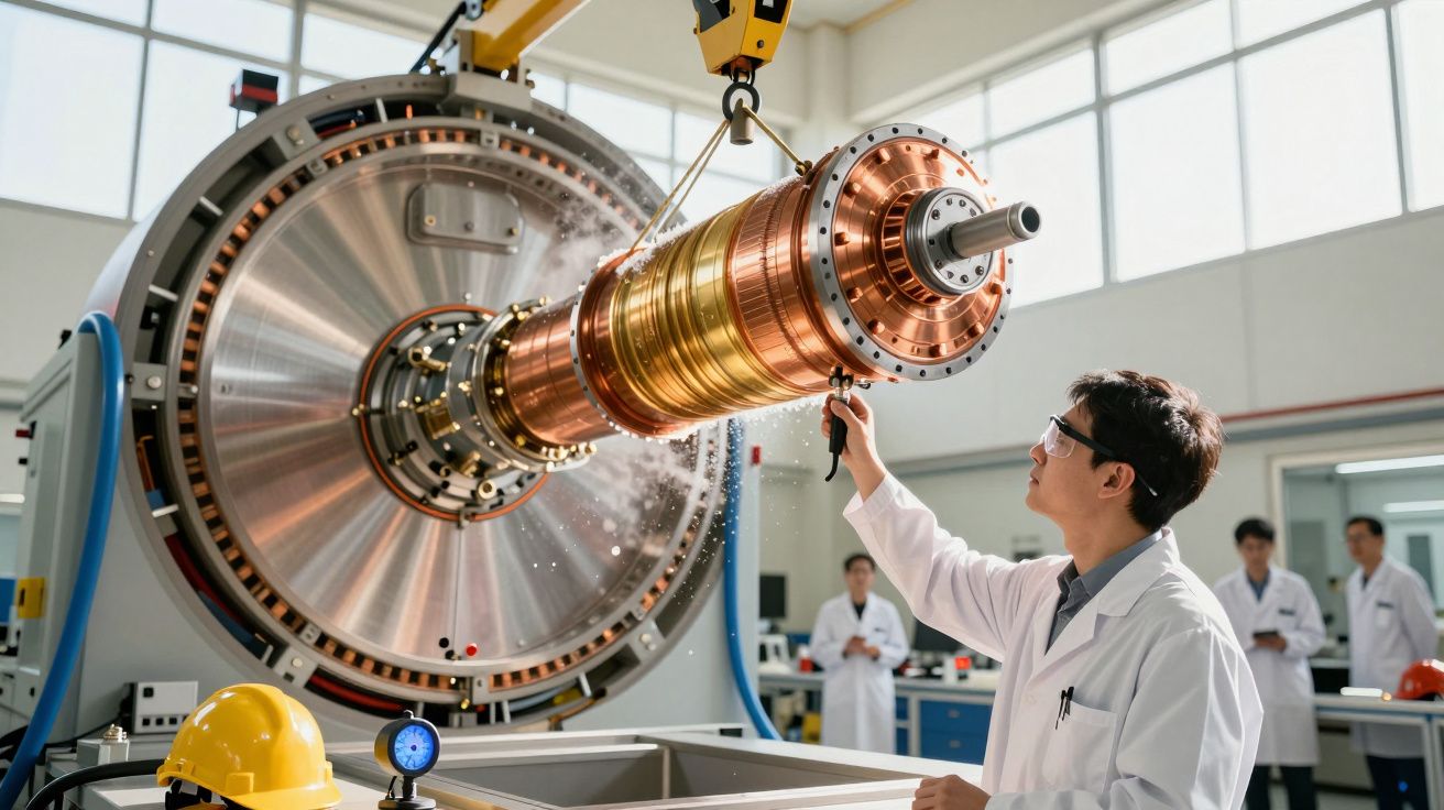 Cientista de bata branca inspeciona grande máquina de cobre em laboratório com outros cientistas ao fundo.