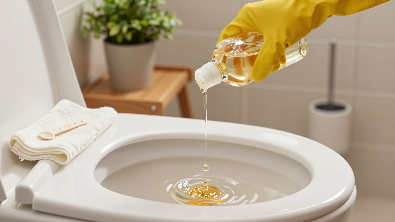 Mão com luva amarela a verter detergente na sanita branca. Toalha e planta ao fundo.