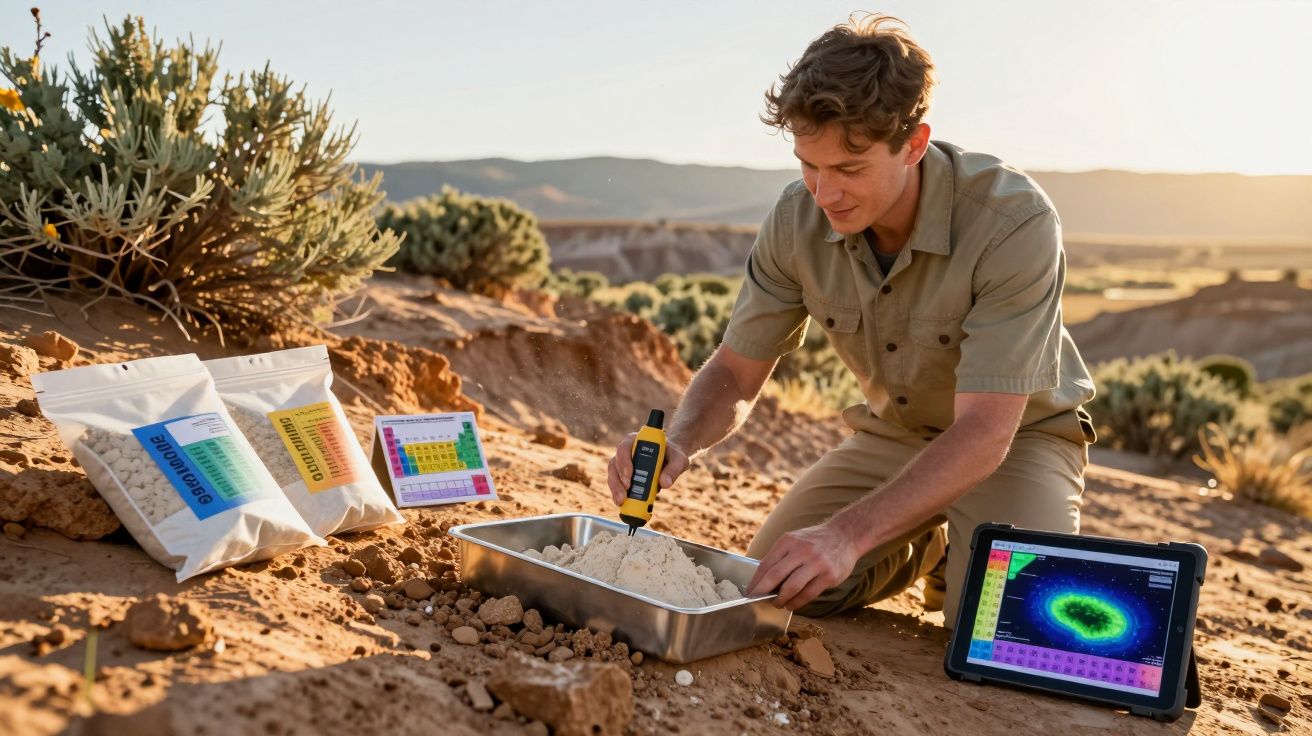 Homem analisa amostra de solo em paisagem árida, com tablet e sacos de amostras ao redor.