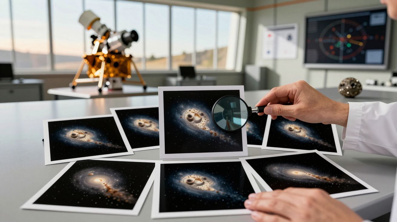 Mão segura lupa sobre fotos espaciais numa mesa de laboratório com telescópio ao fundo.