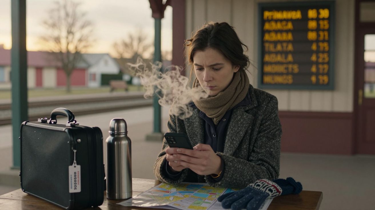 Mulher em estação de comboios, a olhar para o telemóvel. Mala, mapa e luvas na mesa ao lado, vapor visível no ar frio.