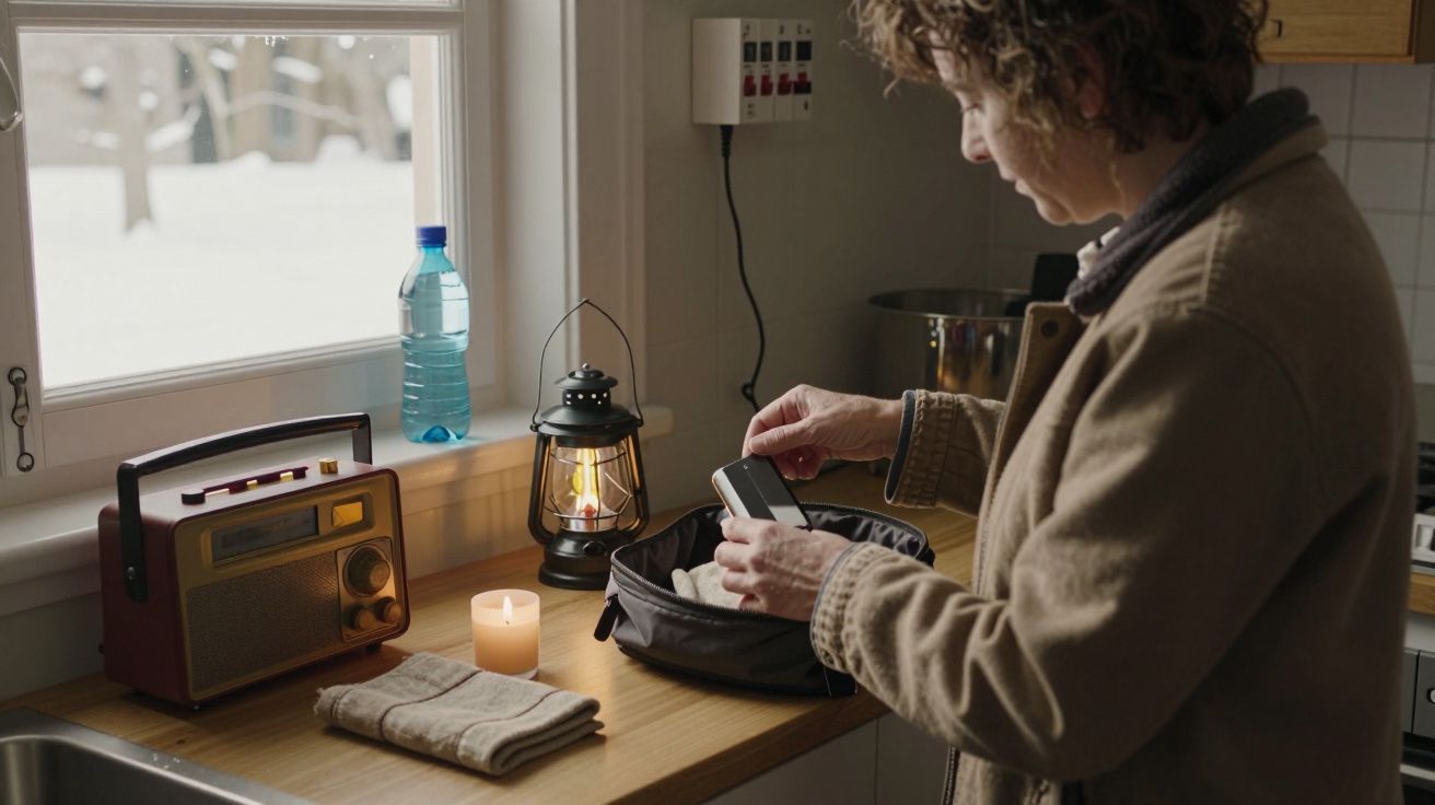 Pessoa em cozinha embala itens, com rádio, lanterna, vela e toalhas sobre uma bancada. Há neve fora da janela.