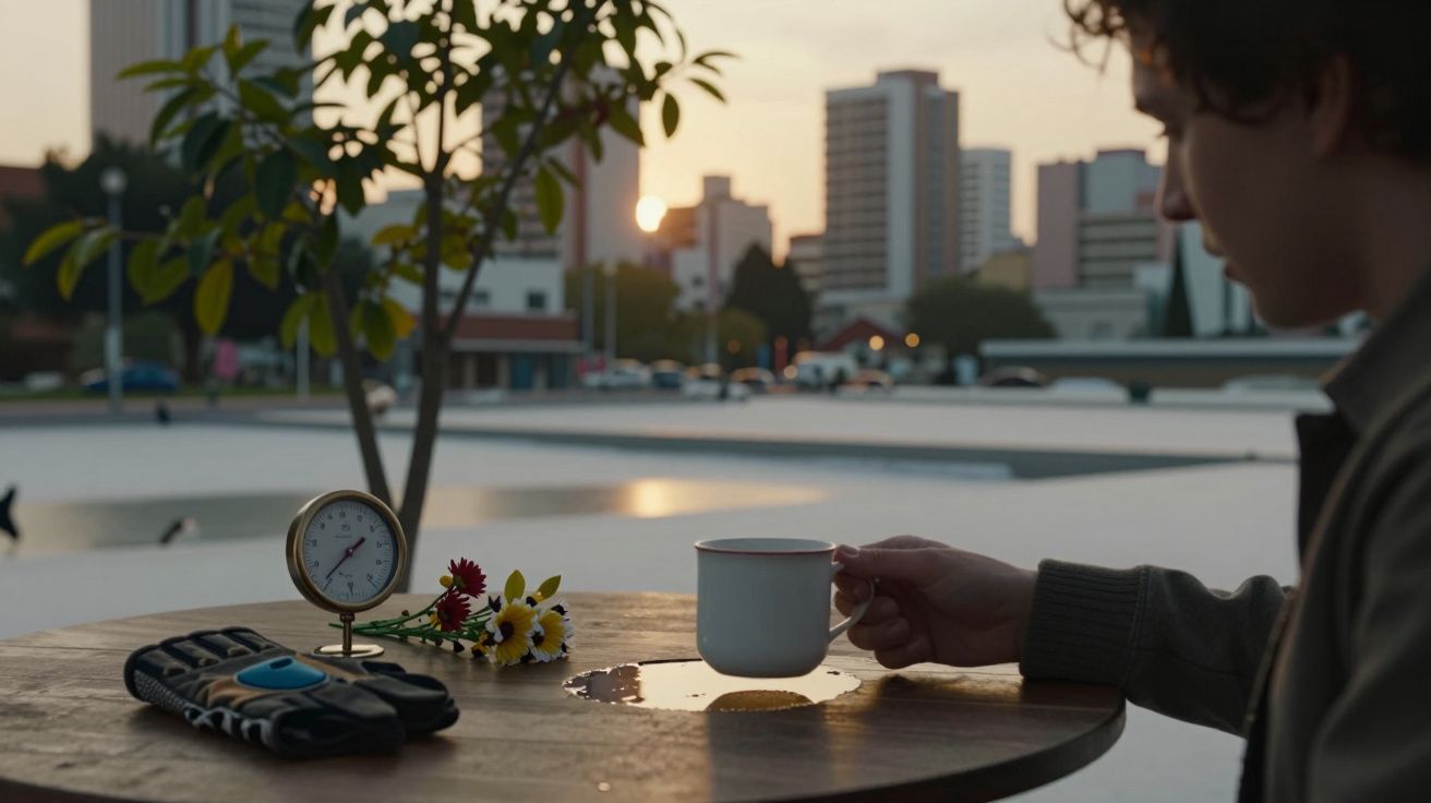 Pessoa segura uma chávena numa mesa com relógio, flores, luvas e poça de água ao pôr do sol na cidade.