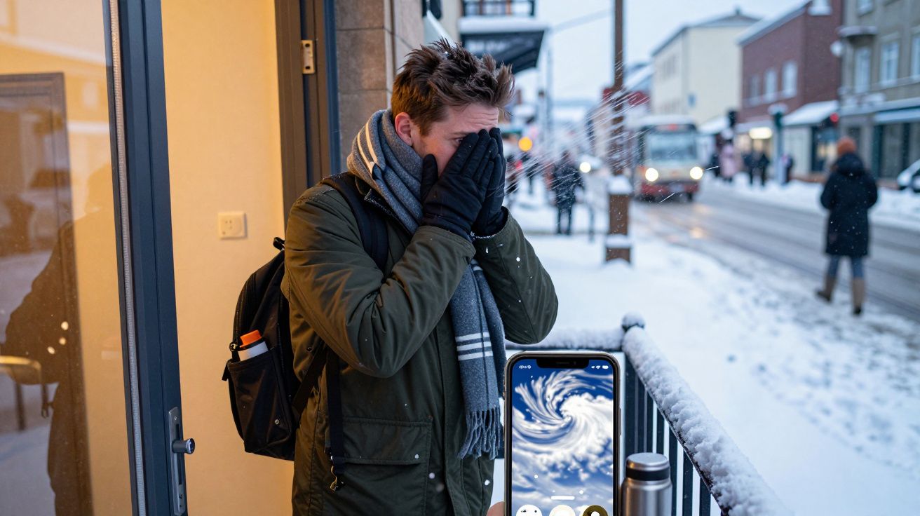 Homem com luvas e cachecol em porta, esfregando o rosto, com neve ao fundo e cidade coberta de neve.
