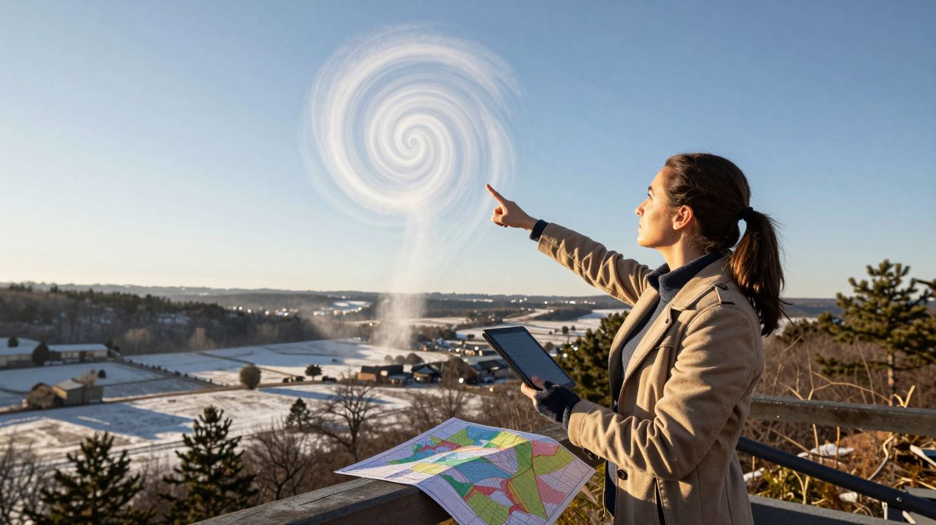 Mulher apontando para redemoinho no céu, segurando tablet, ao lado de mapa colorido, em paisagem rural nevada.
