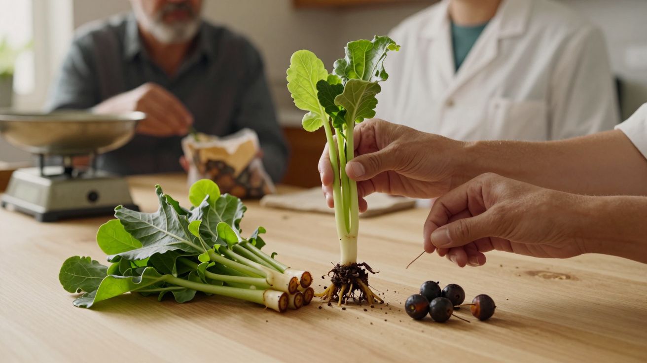 Mãos seguram planta com raízes expostas numa mesa de madeira, ao lado de folhas verdes e frutas escuras.