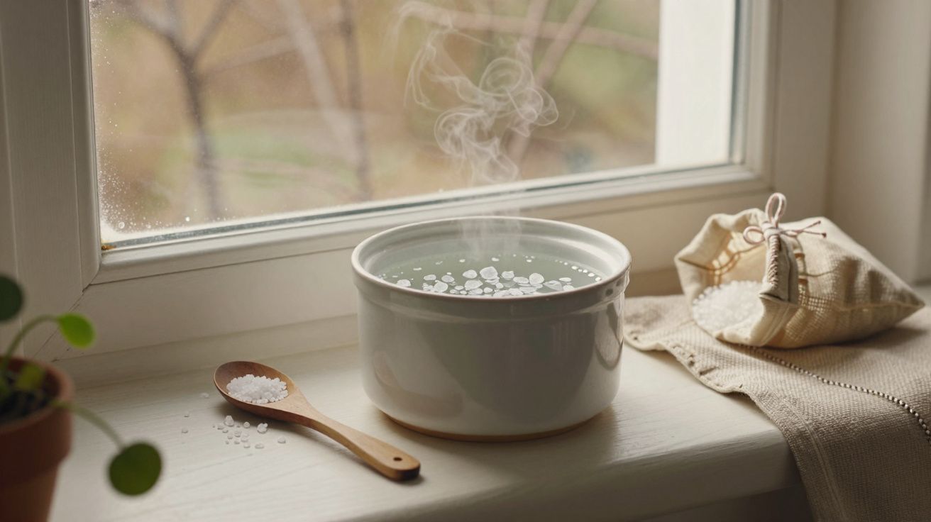 Tigela de porcelana com água a ferver em parapeito de janela, colher de madeira e saco de algodão ao lado.
