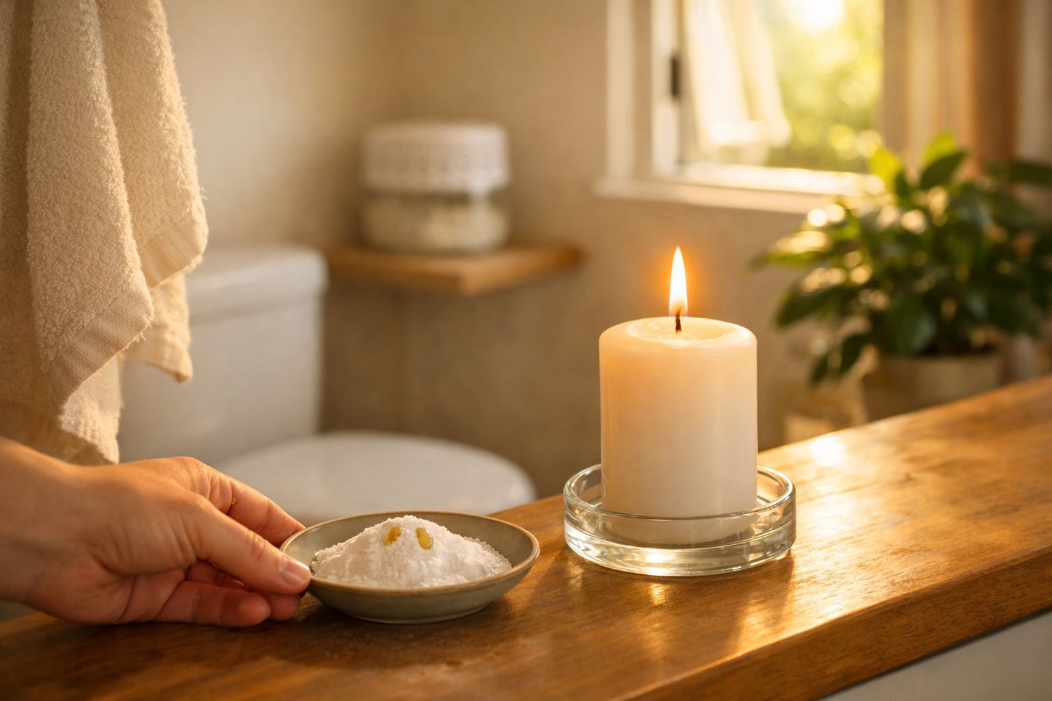 Vela acesa e tigela de sais de banho num balcão de madeira em casa de banho iluminada.