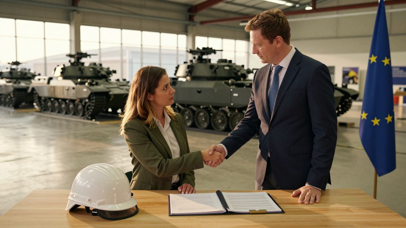 Mulher e homem apertam as mãos numa fábrica de tanques, com capacete e documentos sobre a mesa, bandeira da UE ao lado.