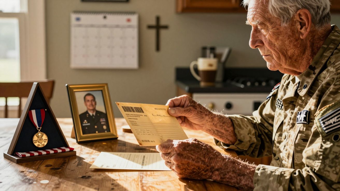 Veterano militar idoso sentado à mesa, segurando papéis, com foto enquadrada e medalha ao lado.