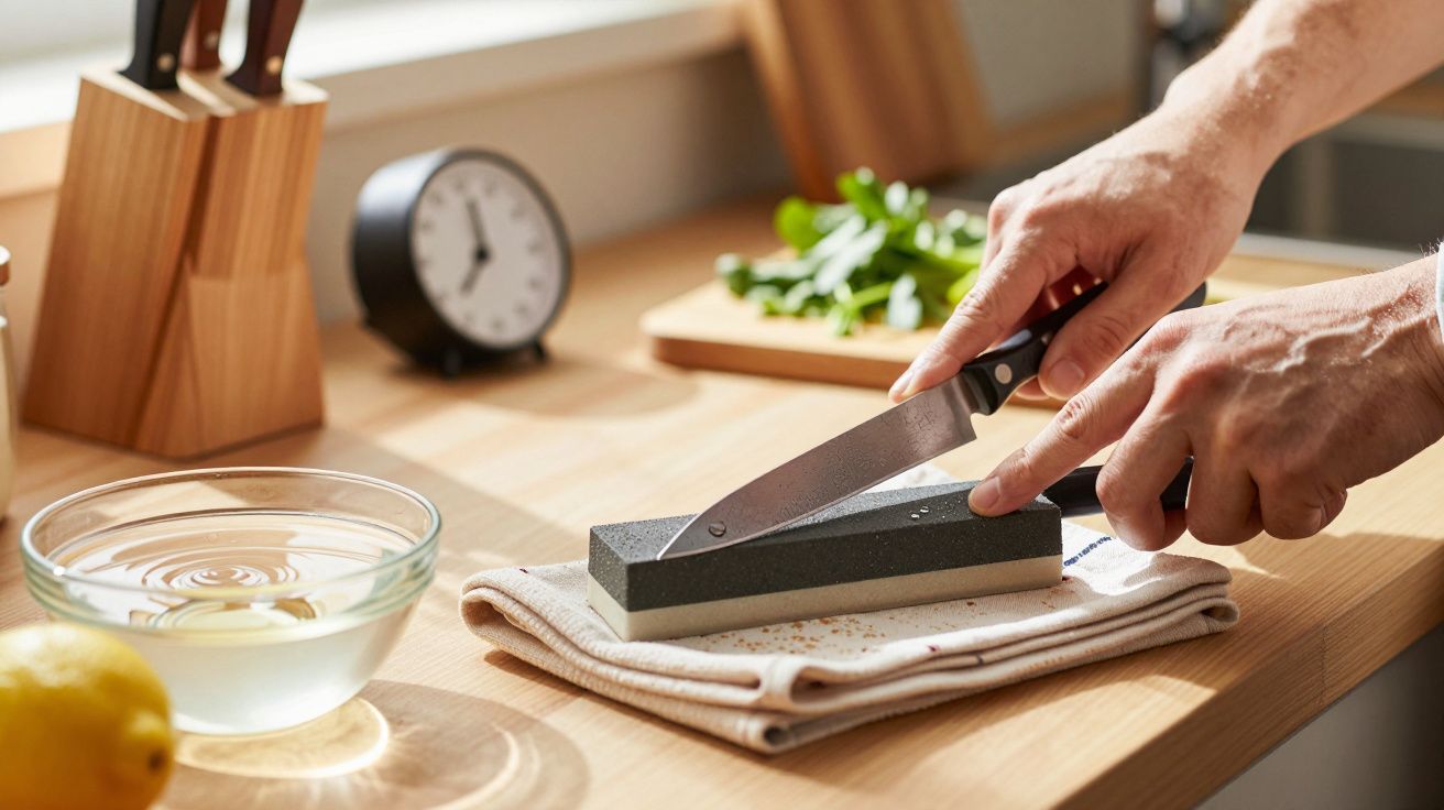 Mãos afiando uma faca em pedra de amolar numa bancada de cozinha, com relógio, limão e folhas verdes ao fundo.