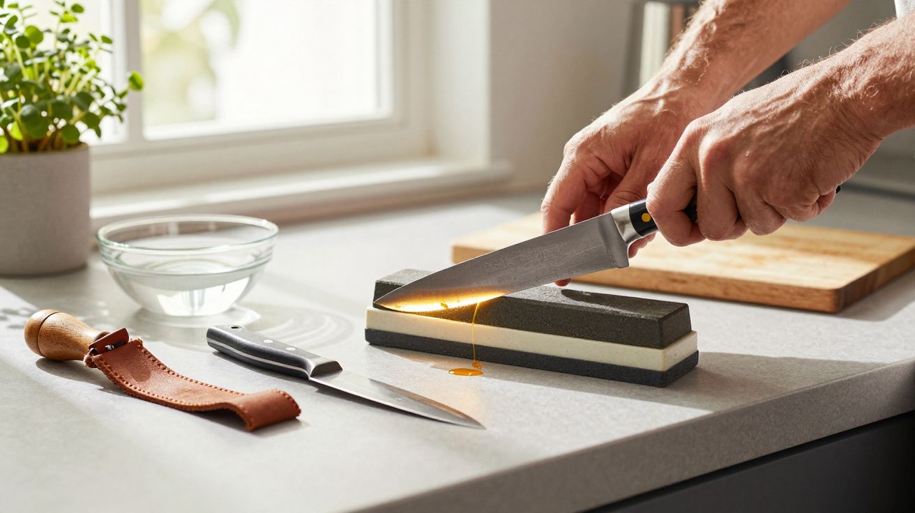Pessoa a afiar uma faca numa pedra de amolar com um copo de água e faca adicional ao lado.