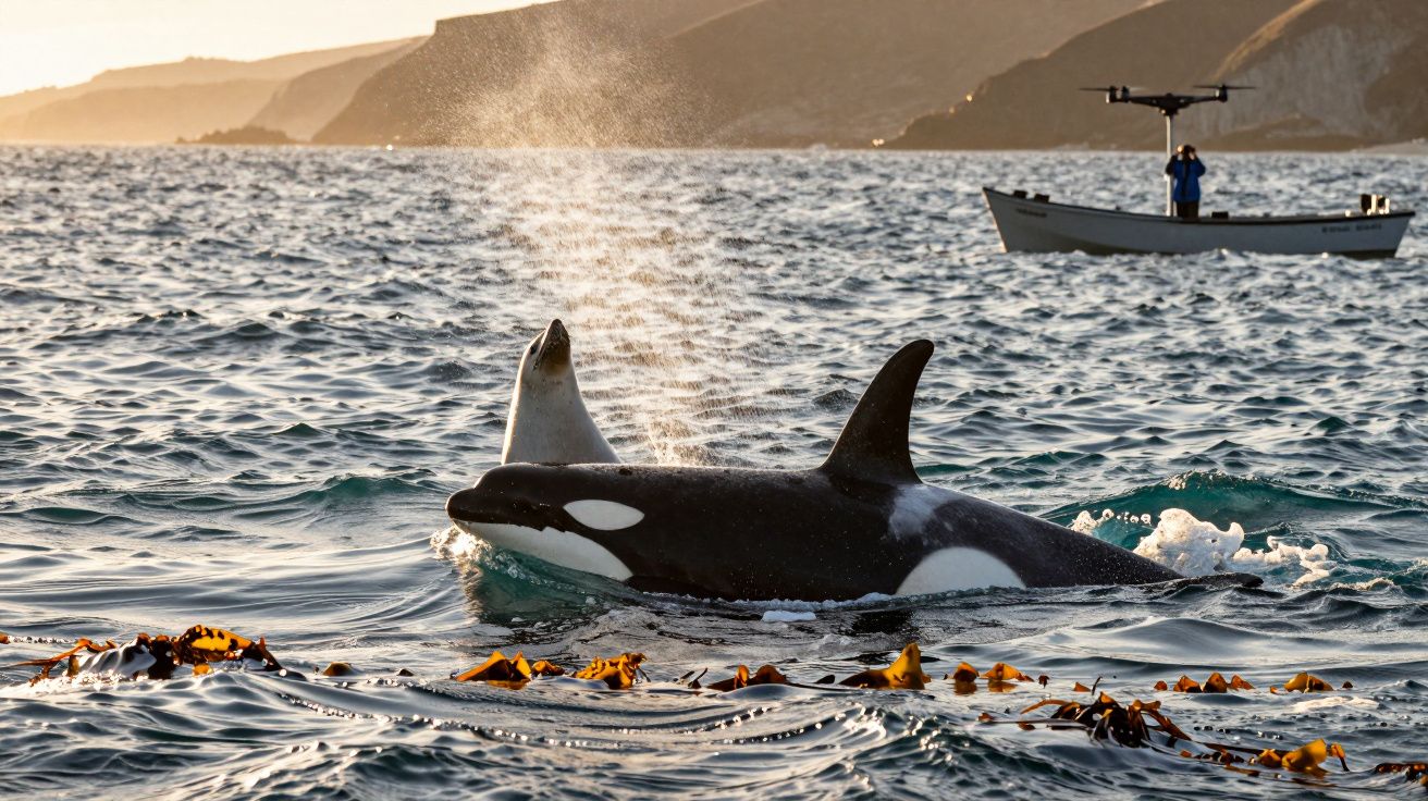 Orcas nadam em águas costeiras com barco ao fundo ao pôr do sol, cercadas por algas na superfície do mar.