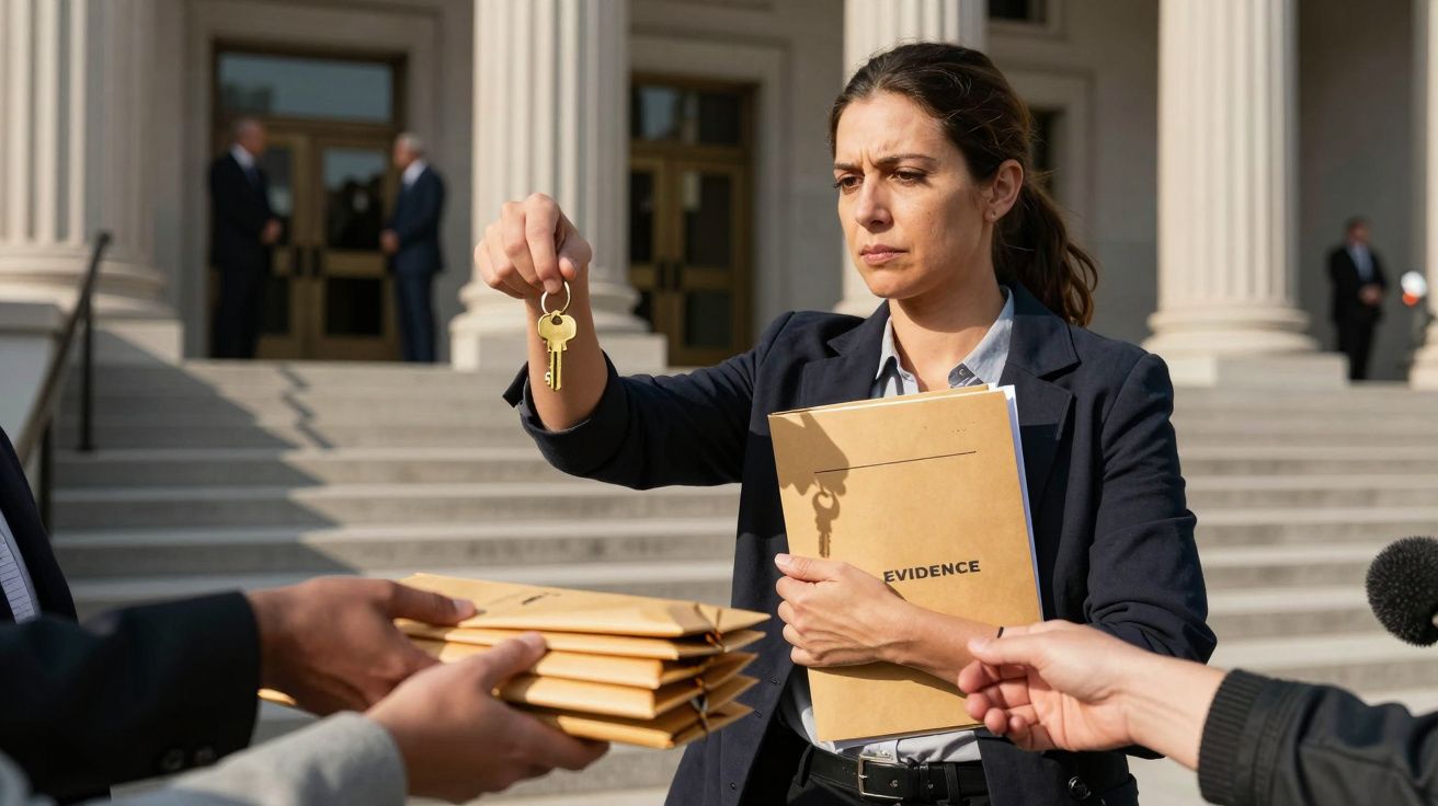 Mulher em frente a um edifício entrega chaves e segura envelope marcado "evidência"; outros passam-lhe documentos.